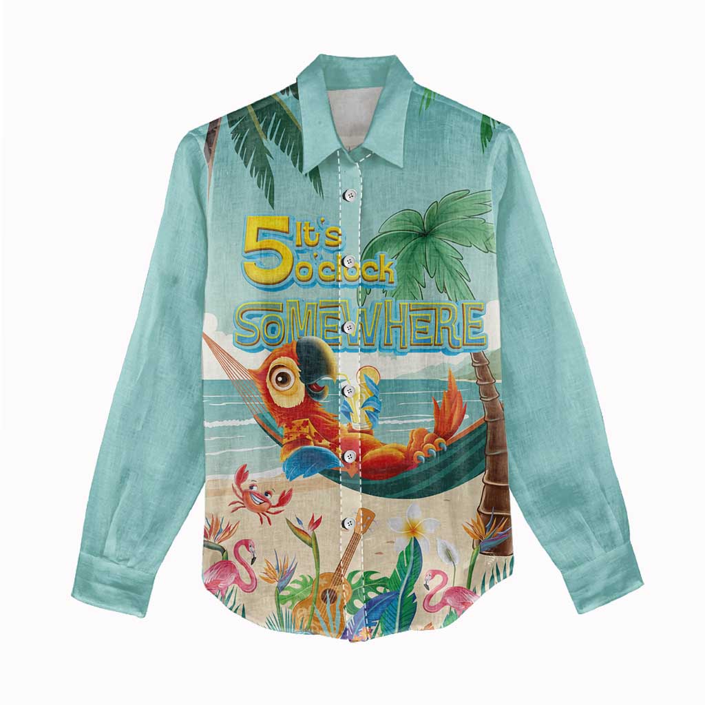 Aloha Hawaii It's 5 o'clock Somewhere Women Casual Shirt Chill Parrot on Beach with Tropical Plants - Polynesian Pride