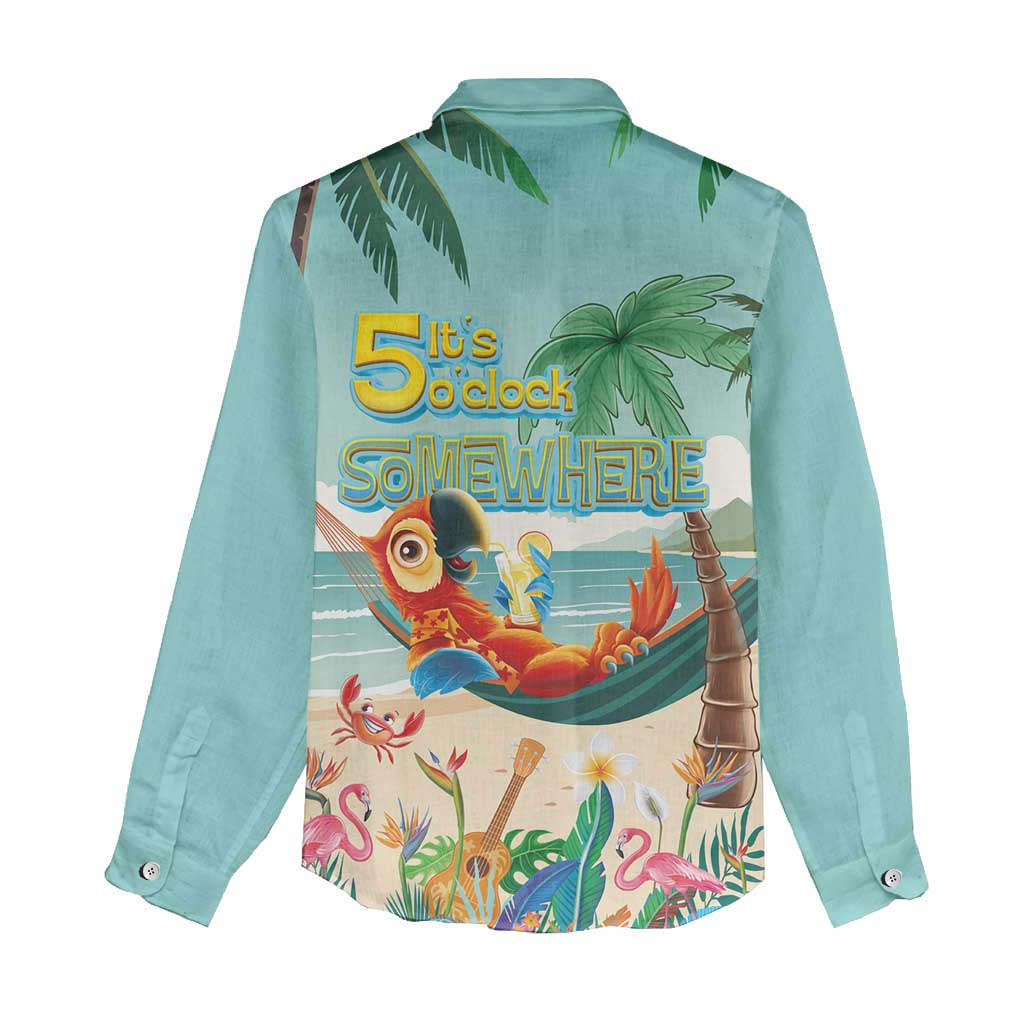 Aloha Hawaii It's 5 o'clock Somewhere Women Casual Shirt Chill Parrot on Beach with Tropical Plants - Polynesian Pride