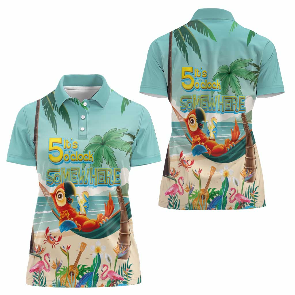 Aloha Hawaii It's 5 o'clock Somewhere Women Polo Shirt Chill Parrot on Beach with Tropical Plants - Polynesian Pride