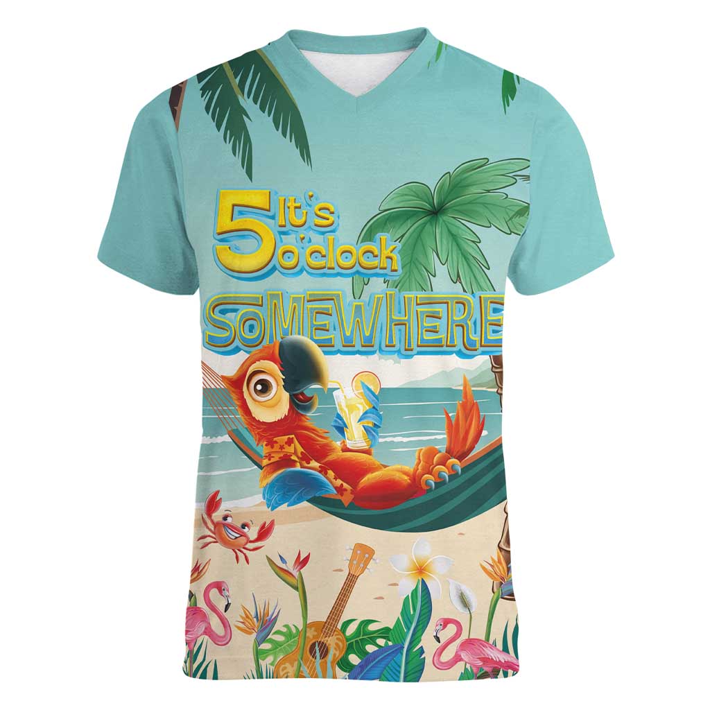 Aloha Hawaii It's 5 o'clock Somewhere Women V-Neck T-Shirt Chill Parrot on Beach with Tropical Plants LT03 Female Multicolor - Polynesian Pride