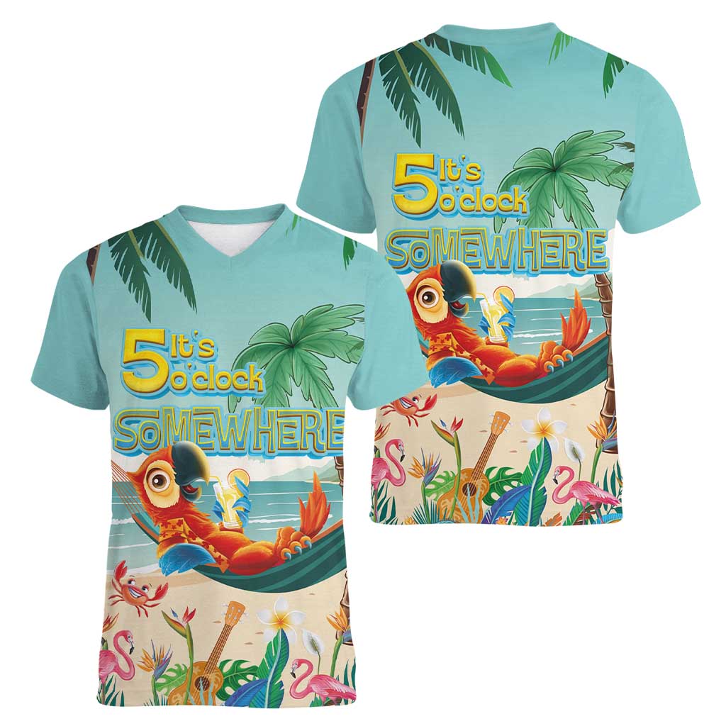 Aloha Hawaii It's 5 o'clock Somewhere Women V-Neck T-Shirt Chill Parrot on Beach with Tropical Plants LT03 - Polynesian Pride
