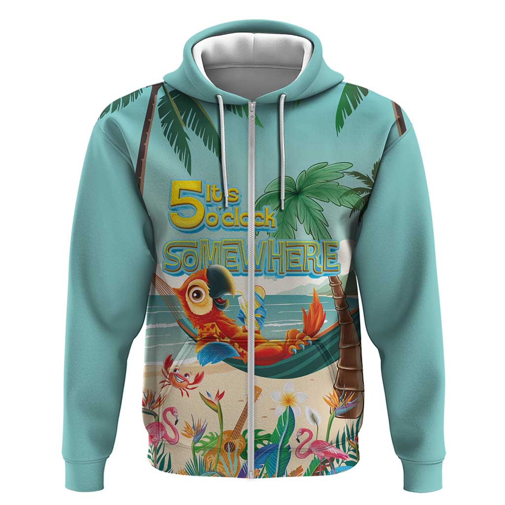 Aloha Hawaii It's 5 o'clock Somewhere Zip Hoodie Chill Parrot on Beach with Tropical Plants LT03 Zip Hoodie Multicolor - Polynesian Pride