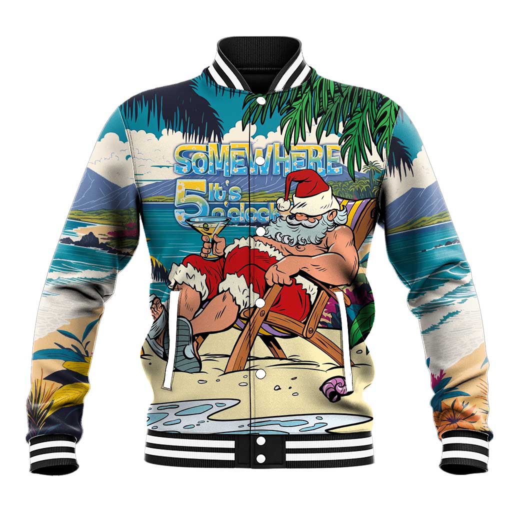 Mele Kalikimaka Hawaii It's 5 o'clock Somewhere Baseball Jacket Funny Lazy Santa Claus Chilling with Cocktail LT03 Unisex Multicolor - Polynesian Pride