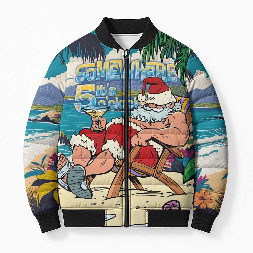 Mele Kalikimaka Hawaii It's 5 o'clock Somewhere Bomber Puffer Jacket Funny Lazy Santa Claus Chilling with Cocktail LT03 Unisex Multicolor - Polynesian Pride
