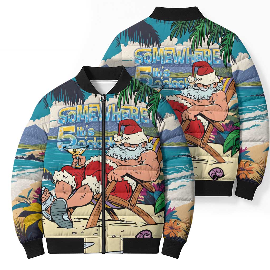 Mele Kalikimaka Hawaii It's 5 o'clock Somewhere Bomber Puffer Jacket Funny Lazy Santa Claus Chilling with Cocktail LT03 - Polynesian Pride