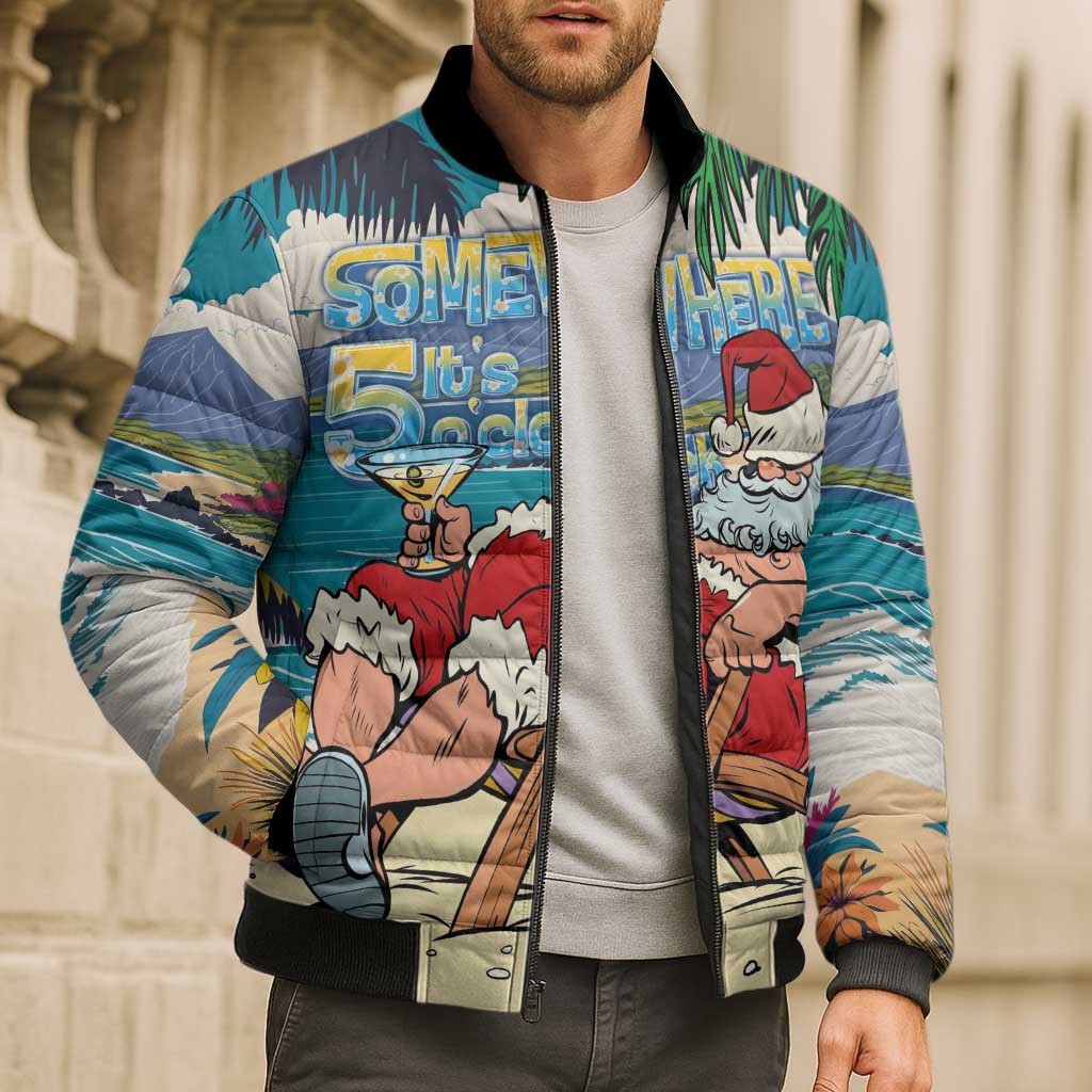 Mele Kalikimaka Hawaii It's 5 o'clock Somewhere Bomber Puffer Jacket Funny Lazy Santa Claus Chilling with Cocktail LT03 - Polynesian Pride