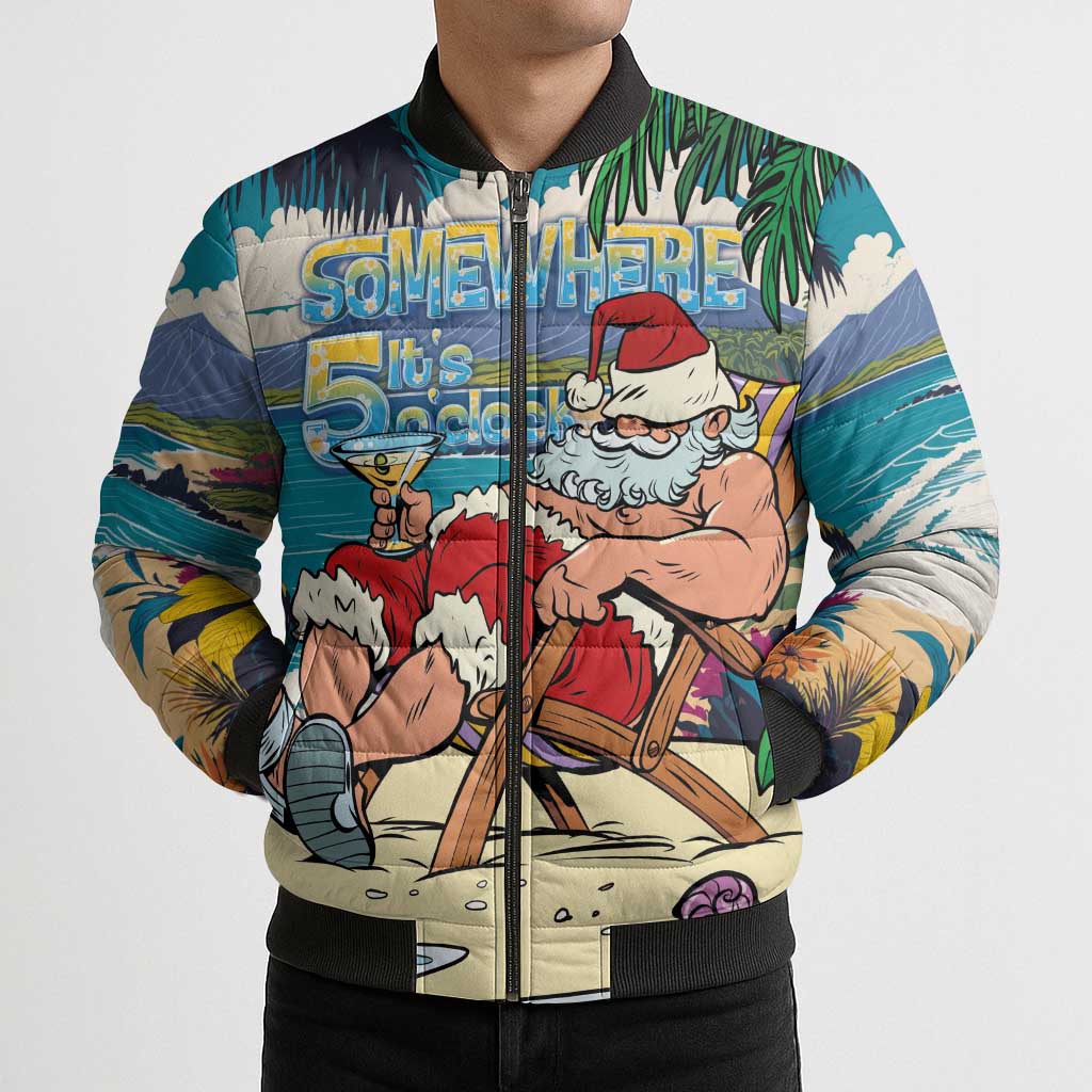 Mele Kalikimaka Hawaii It's 5 o'clock Somewhere Bomber Puffer Jacket Funny Lazy Santa Claus Chilling with Cocktail LT03 - Polynesian Pride