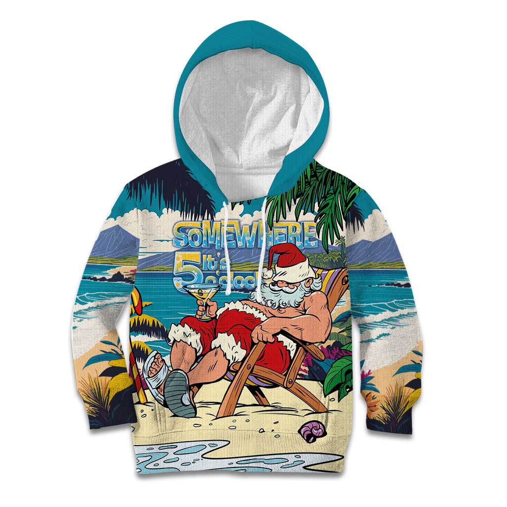 Mele Kalikimaka Hawaii It's 5 o'clock Somewhere Kid Hoodie Funny Lazy Santa Claus Chilling with Cocktail - Polynesian Pride