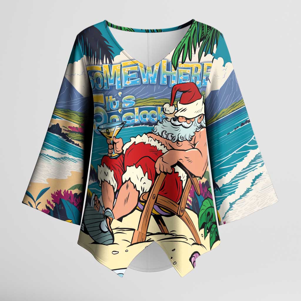 Mele Kalikimaka Hawaii It's 5 o'clock Somewhere Kimono Sleeve Blouse Funny Lazy Santa Claus Chilling with Cocktail LT03 Female Multicolor - Polynesian Pride