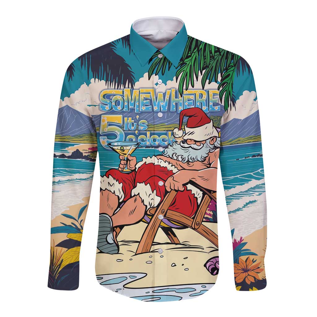 Mele Kalikimaka Hawaii It's 5 o'clock Somewhere Long Sleeve Button Shirt Funny Lazy Santa Claus Chilling with Cocktail LT03 Unisex Multicolor - Polynesian Pride