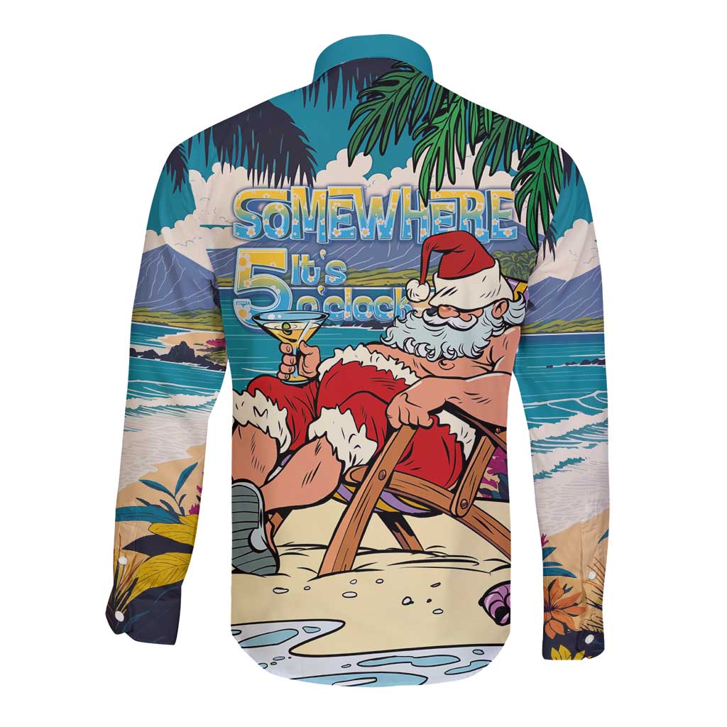 Mele Kalikimaka Hawaii It's 5 o'clock Somewhere Long Sleeve Button Shirt Funny Lazy Santa Claus Chilling with Cocktail LT03 - Polynesian Pride