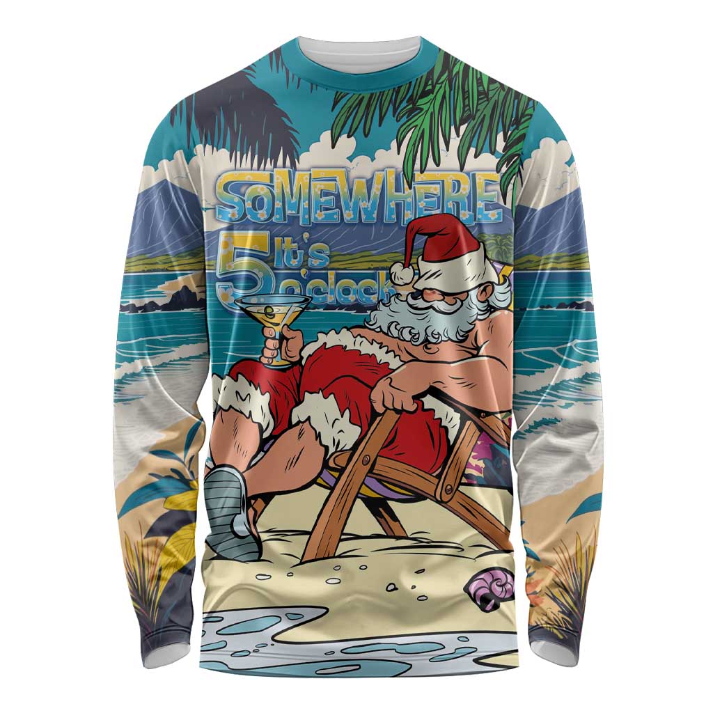 Mele Kalikimaka Hawaii It's 5 o'clock Somewhere Long Sleeve Shirt Funny Lazy Santa Claus Chilling with Cocktail LT03 Unisex Multicolor - Polynesian Pride