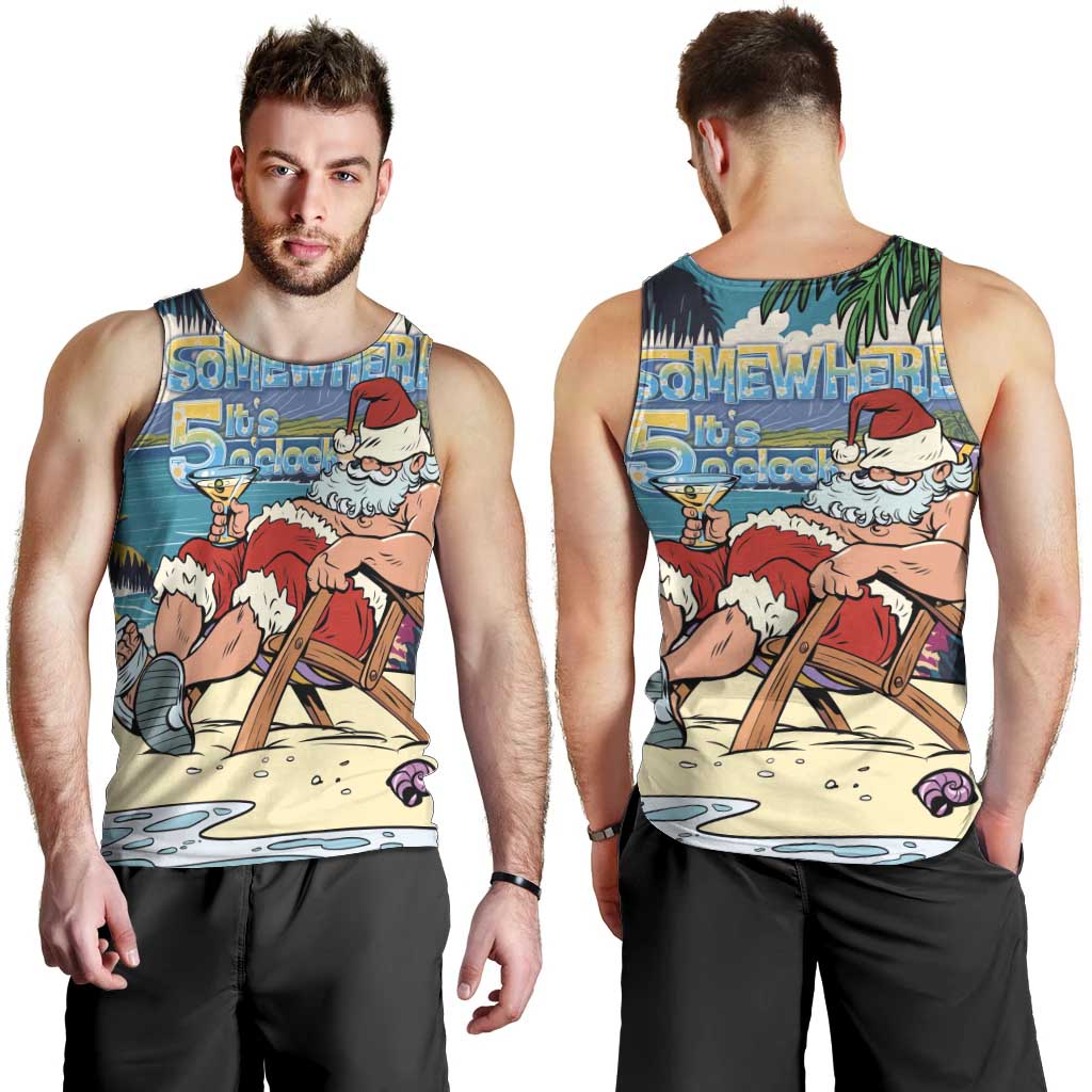 Mele Kalikimaka Hawaii It's 5 o'clock Somewhere Men Tank Top Funny Lazy Santa Claus Chilling with Cocktail LT03 - Polynesian Pride