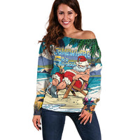 Mele Kalikimaka Hawaii It's 5 o'clock Somewhere Off Shoulder Sweater Funny Lazy Santa Claus Chilling with Cocktail - Polynesian Pride