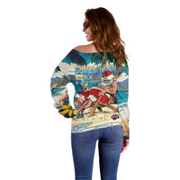 Mele Kalikimaka Hawaii It's 5 o'clock Somewhere Off Shoulder Sweater Funny Lazy Santa Claus Chilling with Cocktail - Polynesian Pride