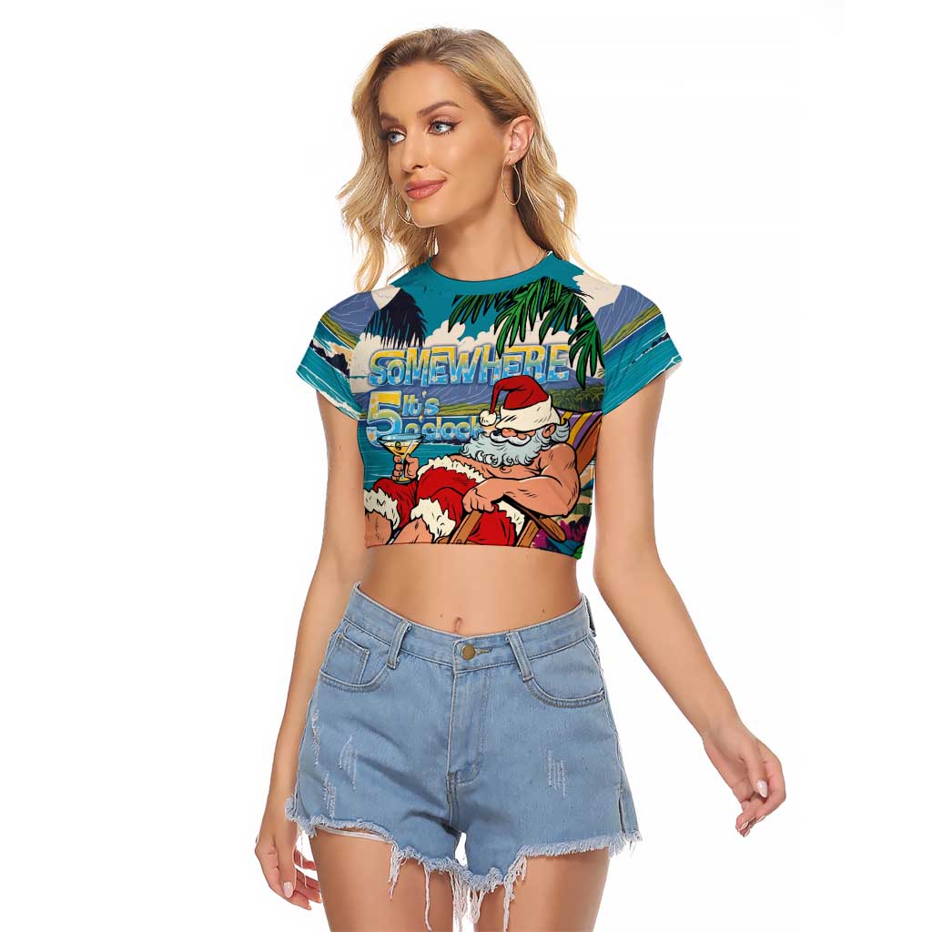 Mele Kalikimaka Hawaii It's 5 o'clock Somewhere Raglan Cropped T Shirt Funny Lazy Santa Claus Chilling with Cocktail LT03 Female Multicolor - Polynesian Pride