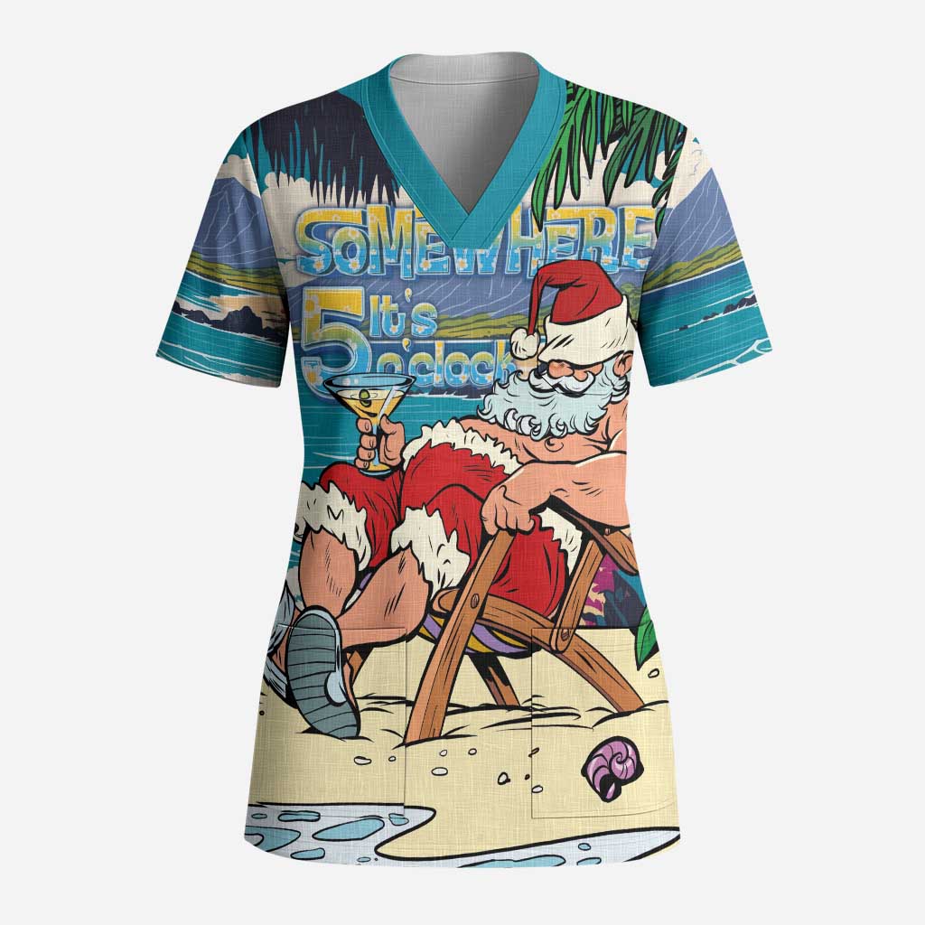 Mele Kalikimaka Hawaii It's 5 o'clock Somewhere Scrub Top Funny Lazy Santa Claus Chilling with Cocktail LT03 Adult Multicolor - Polynesian Pride