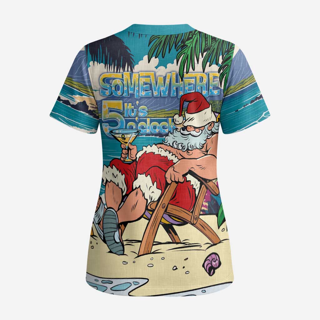 Mele Kalikimaka Hawaii It's 5 o'clock Somewhere Scrub Top Funny Lazy Santa Claus Chilling with Cocktail LT03 - Polynesian Pride