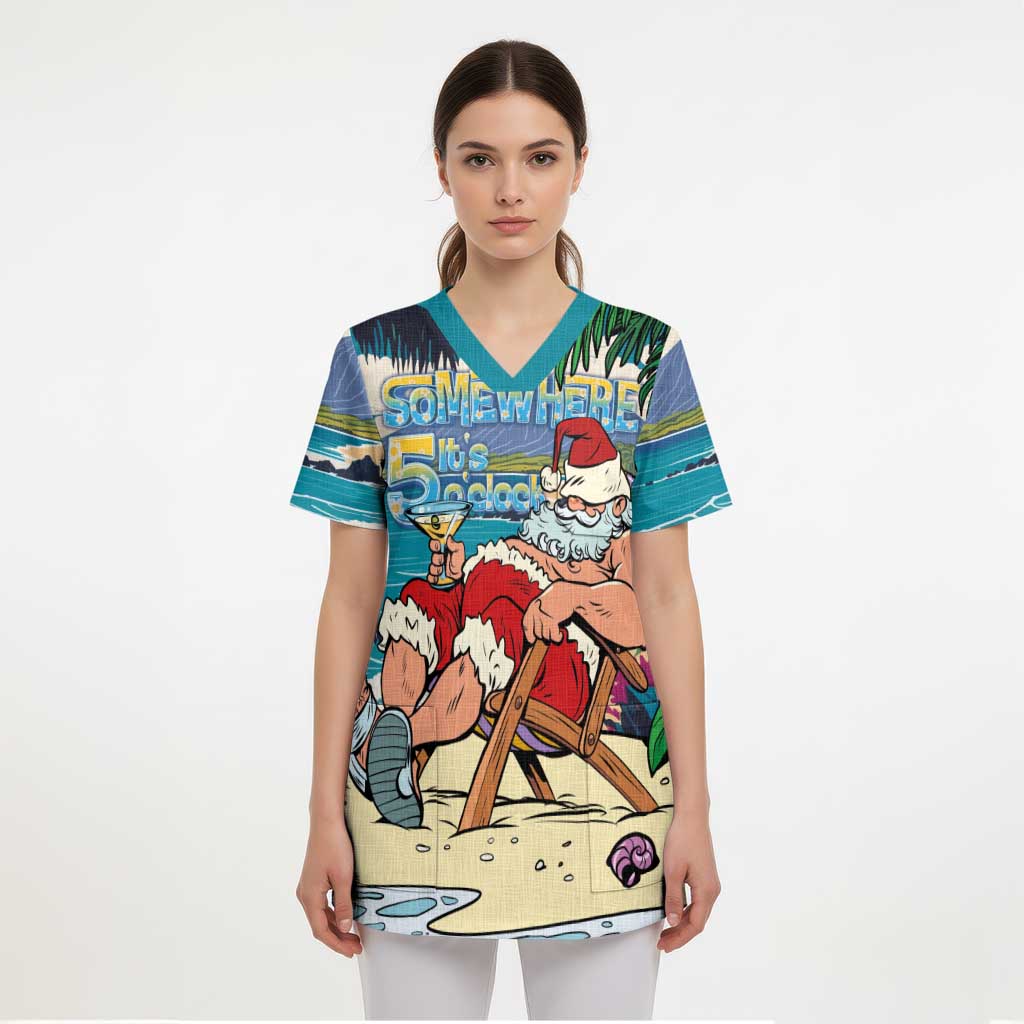Mele Kalikimaka Hawaii It's 5 o'clock Somewhere Scrub Top Funny Lazy Santa Claus Chilling with Cocktail LT03 - Polynesian Pride