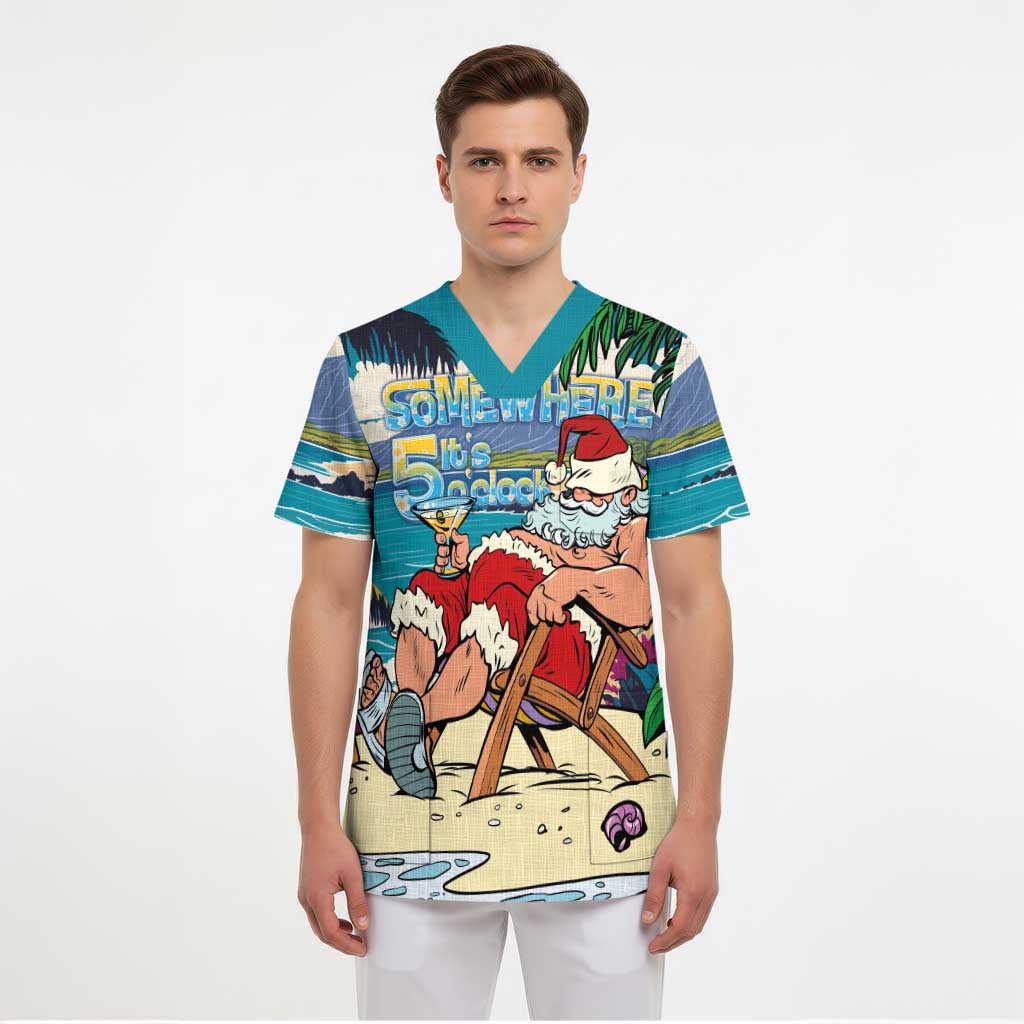 Mele Kalikimaka Hawaii It's 5 o'clock Somewhere Scrub Top Funny Lazy Santa Claus Chilling with Cocktail LT03 - Polynesian Pride