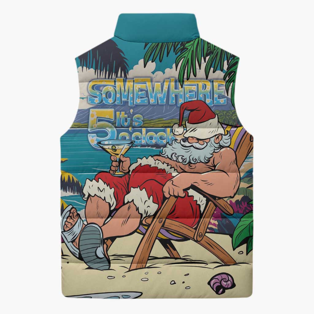Mele Kalikimaka Hawaii It's 5 o'clock Somewhere Sleeveless Puffer Jacket Funny Lazy Santa Claus Chilling with Cocktail LT03 - Polynesian Pride