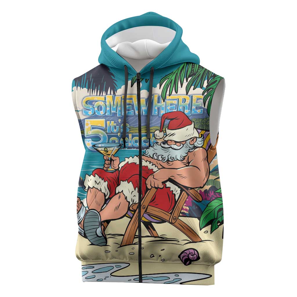Mele Kalikimaka Hawaii It's 5 o'clock Somewhere Sleeveless Zip Hoodie Funny Lazy Santa Claus Chilling with Cocktail LT03 Multicolor - Polynesian Pride