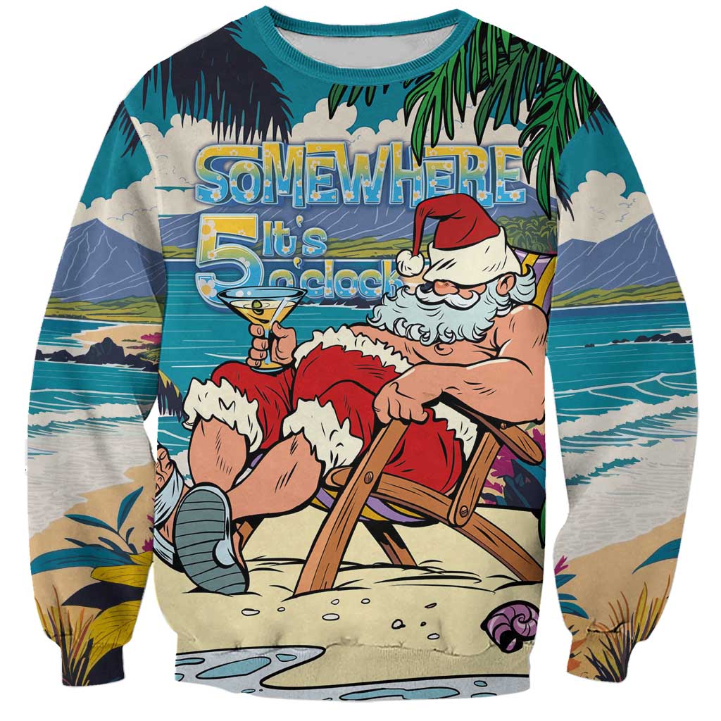 Mele Kalikimaka Hawaii It's 5 o'clock Somewhere Sweatshirt Funny Lazy Santa Claus Chilling with Cocktail LT03 Unisex Multicolor - Polynesian Pride