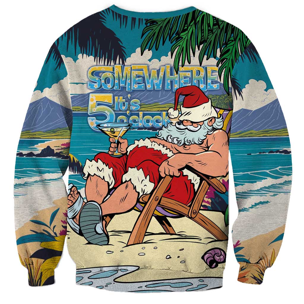 Mele Kalikimaka Hawaii It's 5 o'clock Somewhere Sweatshirt Funny Lazy Santa Claus Chilling with Cocktail LT03 - Polynesian Pride