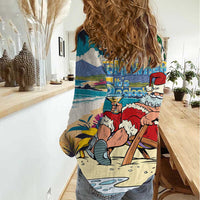 Mele Kalikimaka Hawaii It's 5 o'clock Somewhere Women Casual Shirt Funny Lazy Santa Claus Chilling with Cocktail - Polynesian Pride