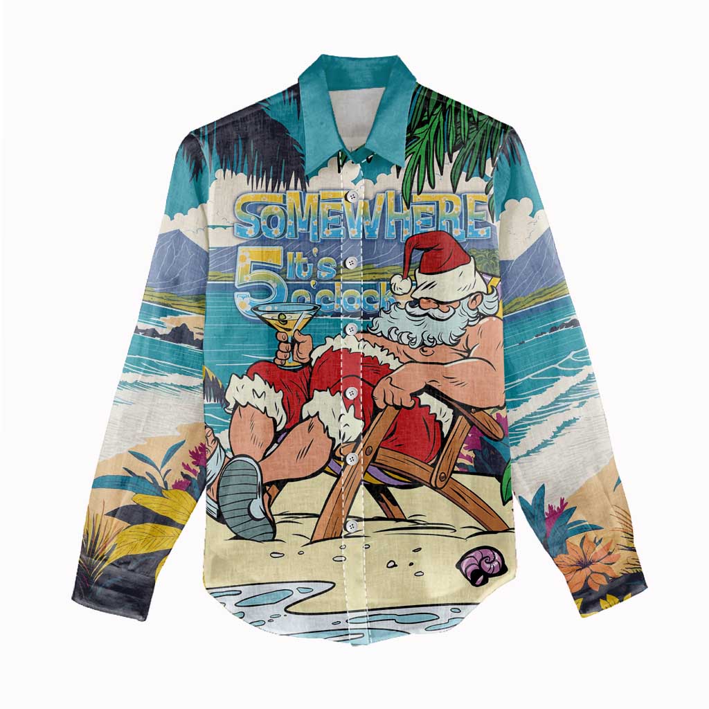 Mele Kalikimaka Hawaii It's 5 o'clock Somewhere Women Casual Shirt Funny Lazy Santa Claus Chilling with Cocktail - Polynesian Pride