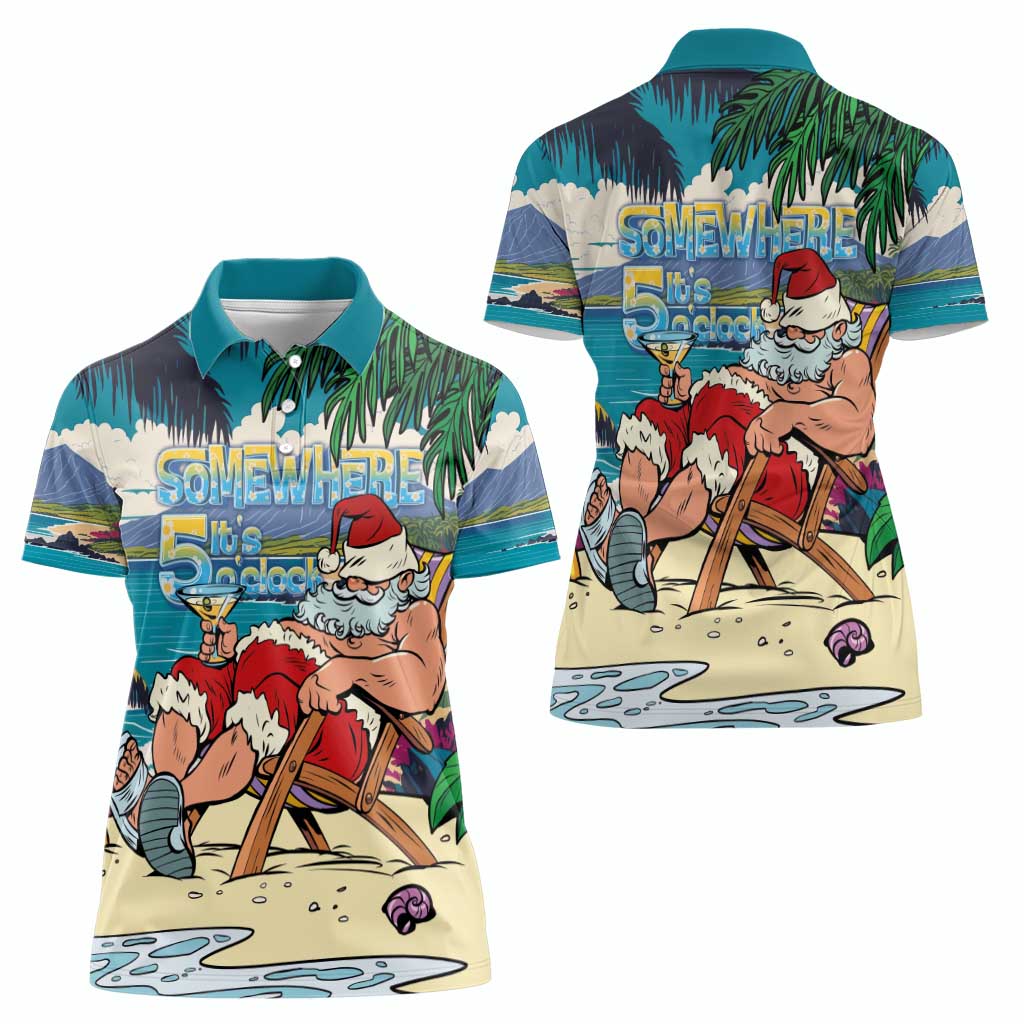 Mele Kalikimaka Hawaii It's 5 o'clock Somewhere Women Polo Shirt Funny Lazy Santa Claus Chilling with Cocktail - Polynesian Pride