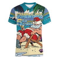Mele Kalikimaka Hawaii It's 5 o'clock Somewhere Women V-Neck T-Shirt Funny Lazy Santa Claus Chilling with Cocktail - Polynesian Pride