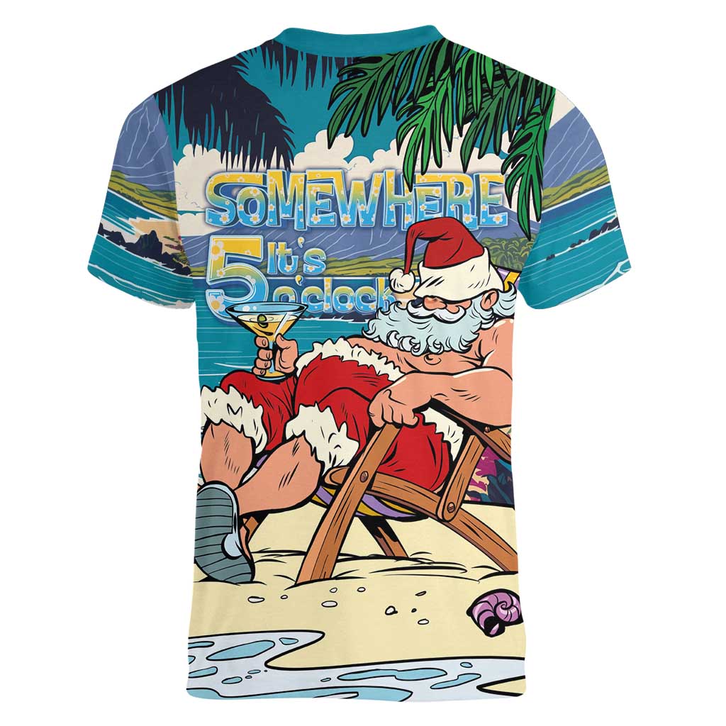 Mele Kalikimaka Hawaii It's 5 o'clock Somewhere Women V-Neck T-Shirt Funny Lazy Santa Claus Chilling with Cocktail - Polynesian Pride