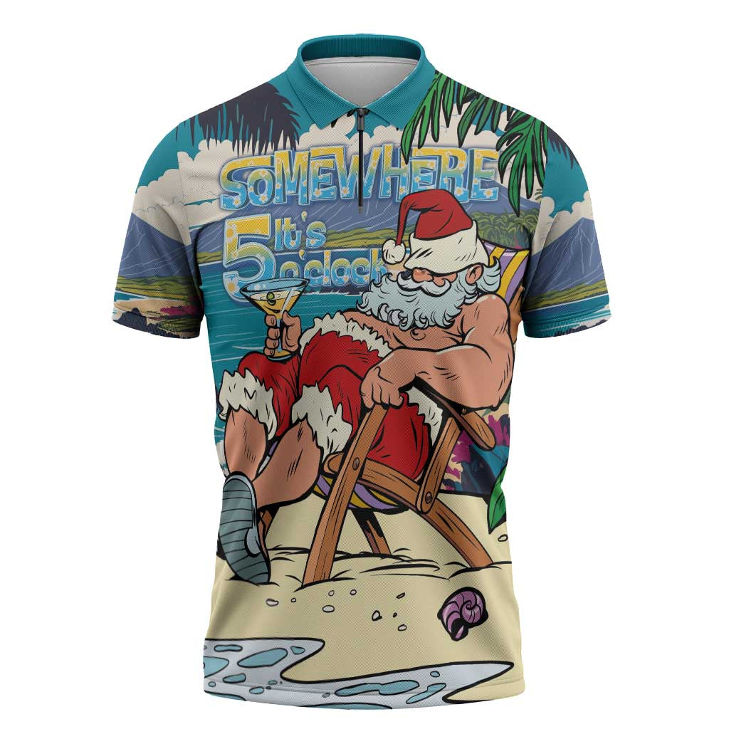 Mele Kalikimaka Hawaii It's 5 o'clock Somewhere Zipper Polo Shirt Funny Lazy Santa Claus Chilling with Cocktail - Polynesian Pride
