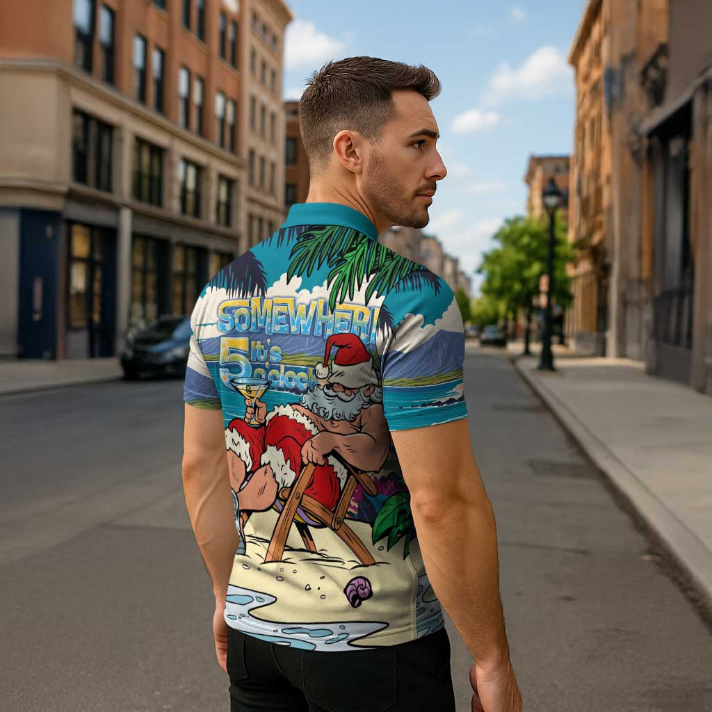 Mele Kalikimaka Hawaii It's 5 o'clock Somewhere Zipper Polo Shirt Funny Lazy Santa Claus Chilling with Cocktail - Polynesian Pride