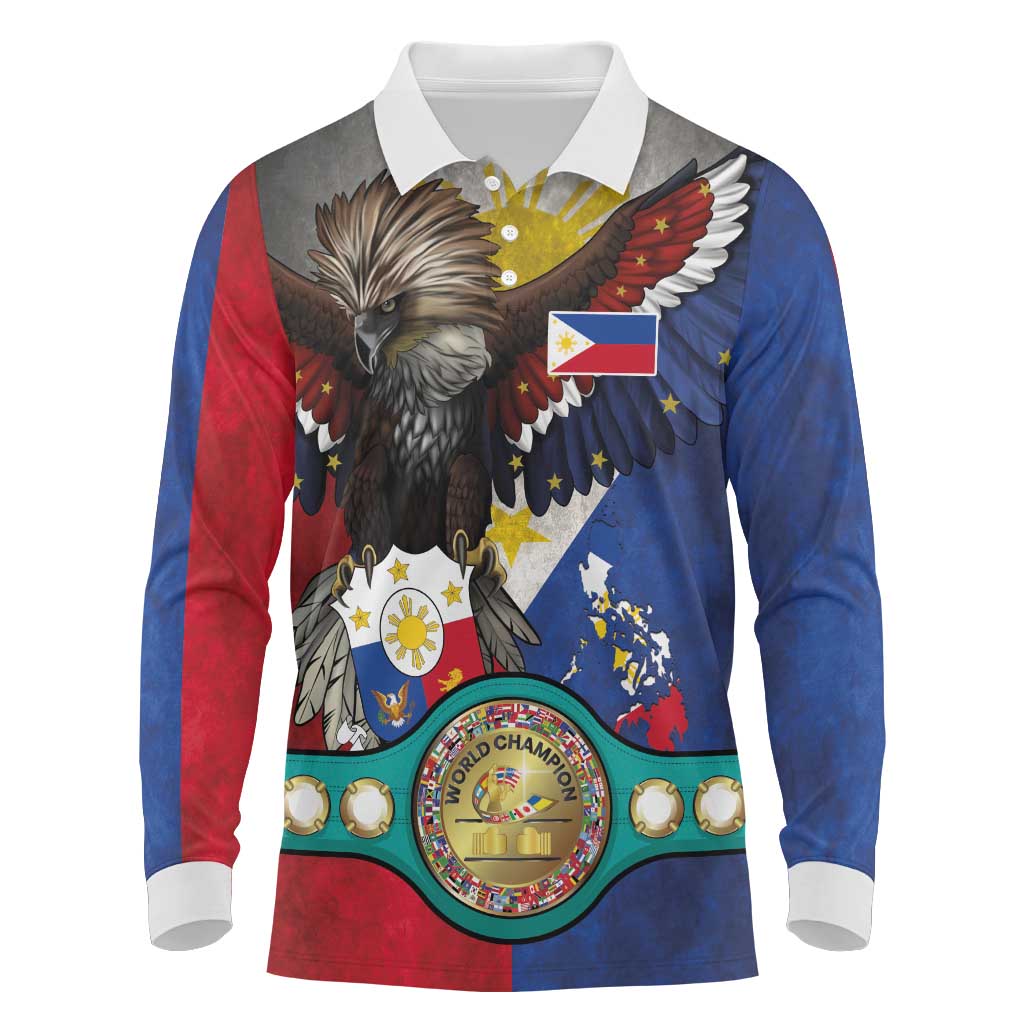 Custom Philippines World Champion Boxing Long Sleeve Polo Shirt Eagle-Grunge Design - Polynesian Pride
