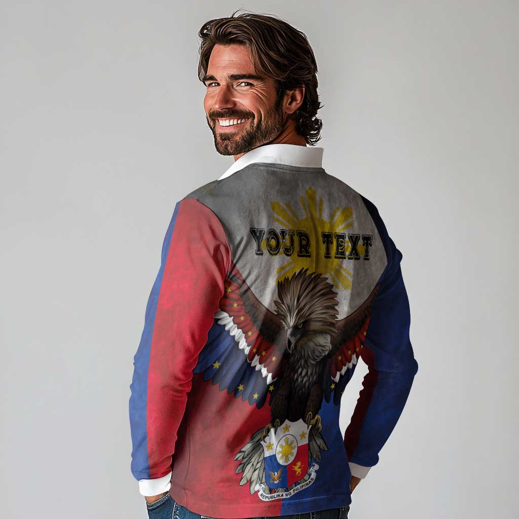 Custom Philippines World Champion Boxing Long Sleeve Polo Shirt Eagle-Grunge Design - Polynesian Pride