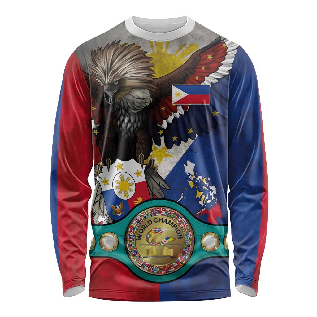 Custom Philippines World Champion Boxing Long Sleeve Shirt Eagle-Grunge Design - Polynesian Pride