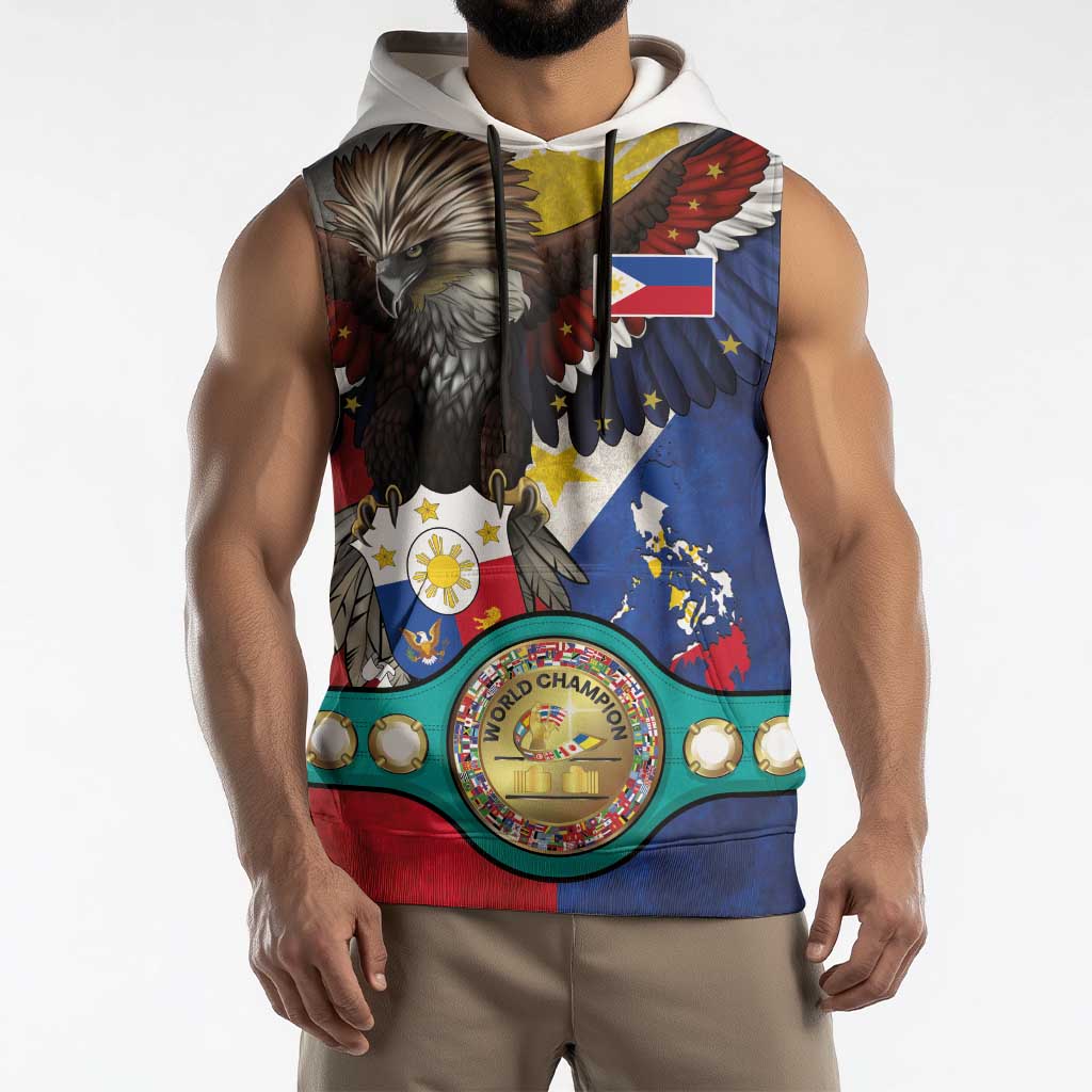 Custom Philippines World Champion Boxing Sleeveless Hoodie Eagle-Grunge Design - Polynesian Pride