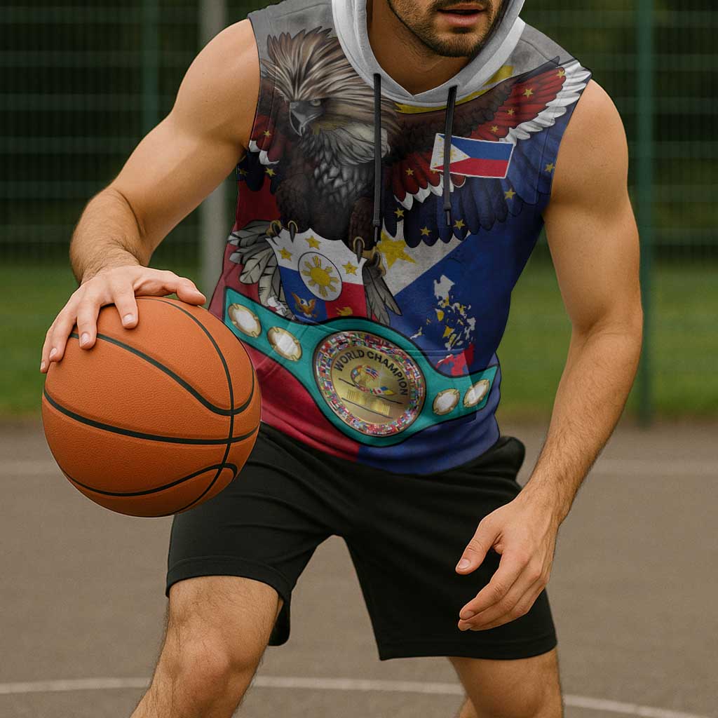Custom Philippines World Champion Boxing Sleeveless Hoodie Eagle-Grunge Design - Polynesian Pride