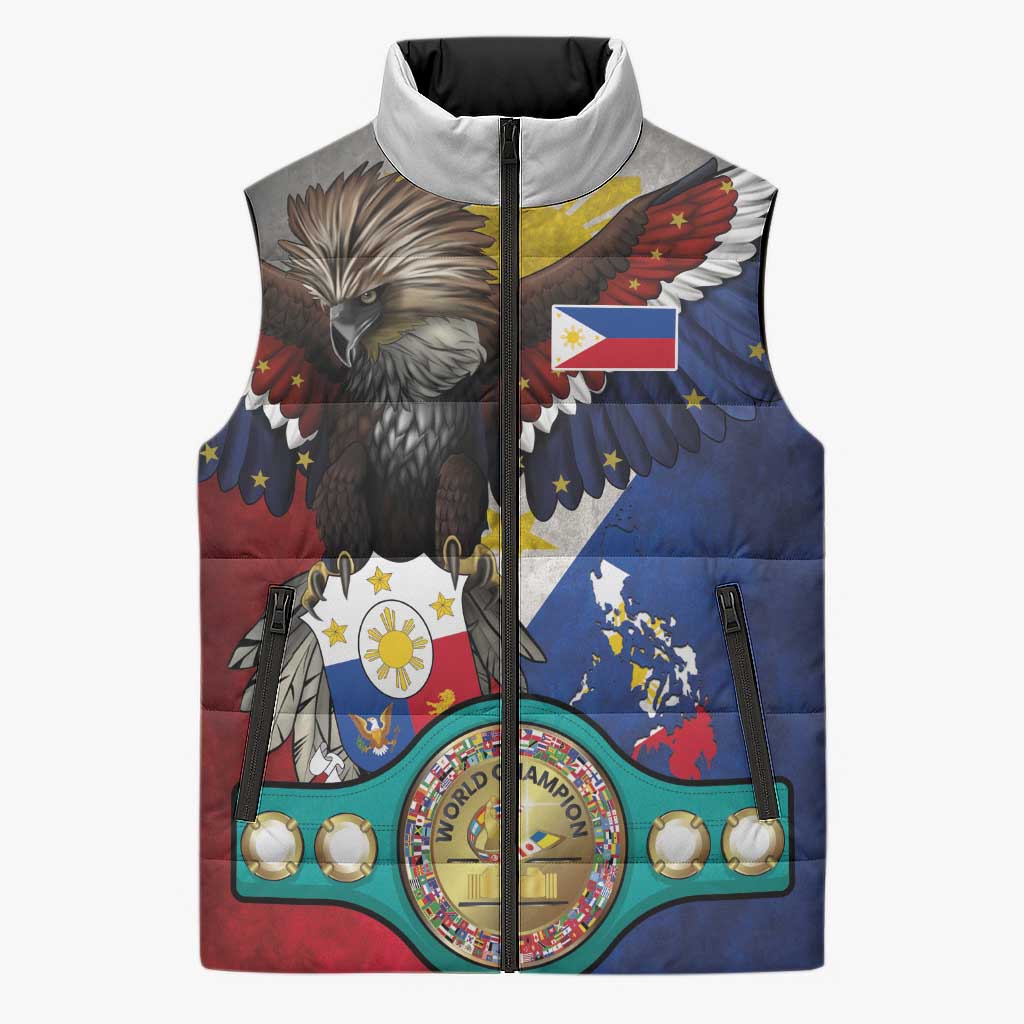 Custom Philippines World Champion Boxing Sleeveless Puffer Jacket Eagle-Grunge Design - Polynesian Pride