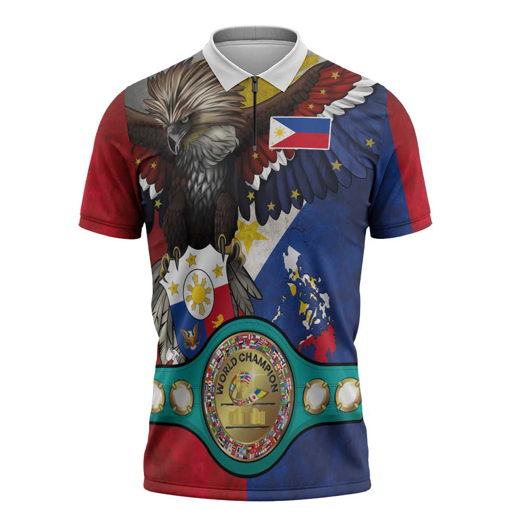 Custom Philippines World Champion Boxing Zipper Polo Shirt Eagle-Grunge Design - Polynesian Pride