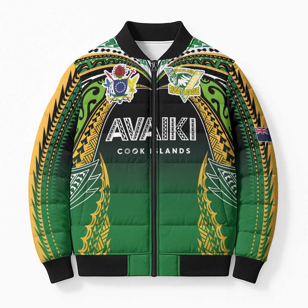 Custom Cook Islands Rugby League Bomber Puffer Jacket Avaiki Tatau Tribal Motifs Black Color - Polynesian Pride