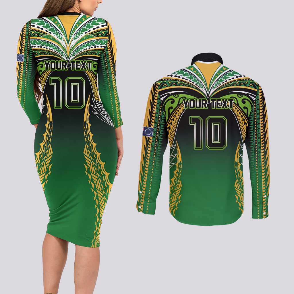 Custom Cook Islands Rugby League Couples Matching Long Sleeve Bodycon Dress and Long Sleeve Button Shirt Avaiki Tatau Tribal Motifs Black Color - Polynesian Pride