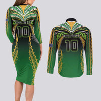Custom Cook Islands Rugby League Couples Matching Long Sleeve Bodycon Dress and Long Sleeve Button Shirt Avaiki Tatau Tribal Motifs Black Color - Polynesian Pride