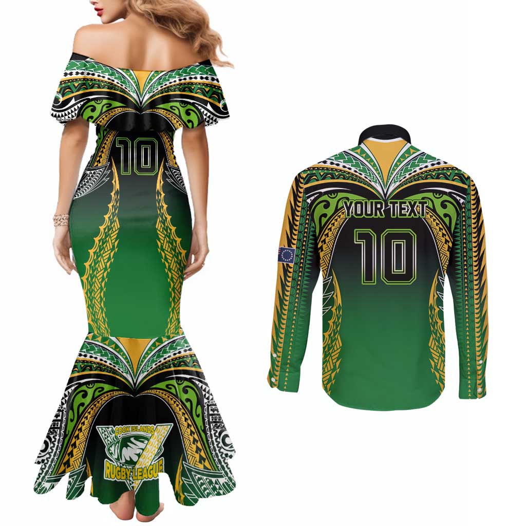 Custom Cook Islands Rugby League Couples Matching Mermaid Dress and Long Sleeve Button Shirt Avaiki Tatau Tribal Motifs Black Color - Polynesian Pride