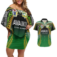 Custom Cook Islands Rugby League Couples Matching Off Shoulder Short Dress and Hawaiian Shirt Avaiki Tatau Tribal Motifs Black Color - Polynesian Pride
