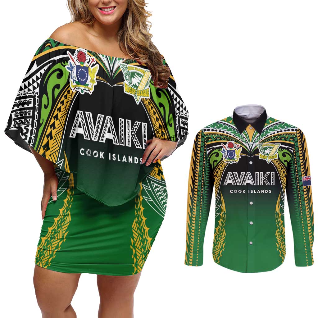 Custom Cook Islands Rugby League Couples Matching Off Shoulder Short Dress and Long Sleeve Button Shirt Avaiki Tatau Tribal Motifs Black Color - Polynesian Pride