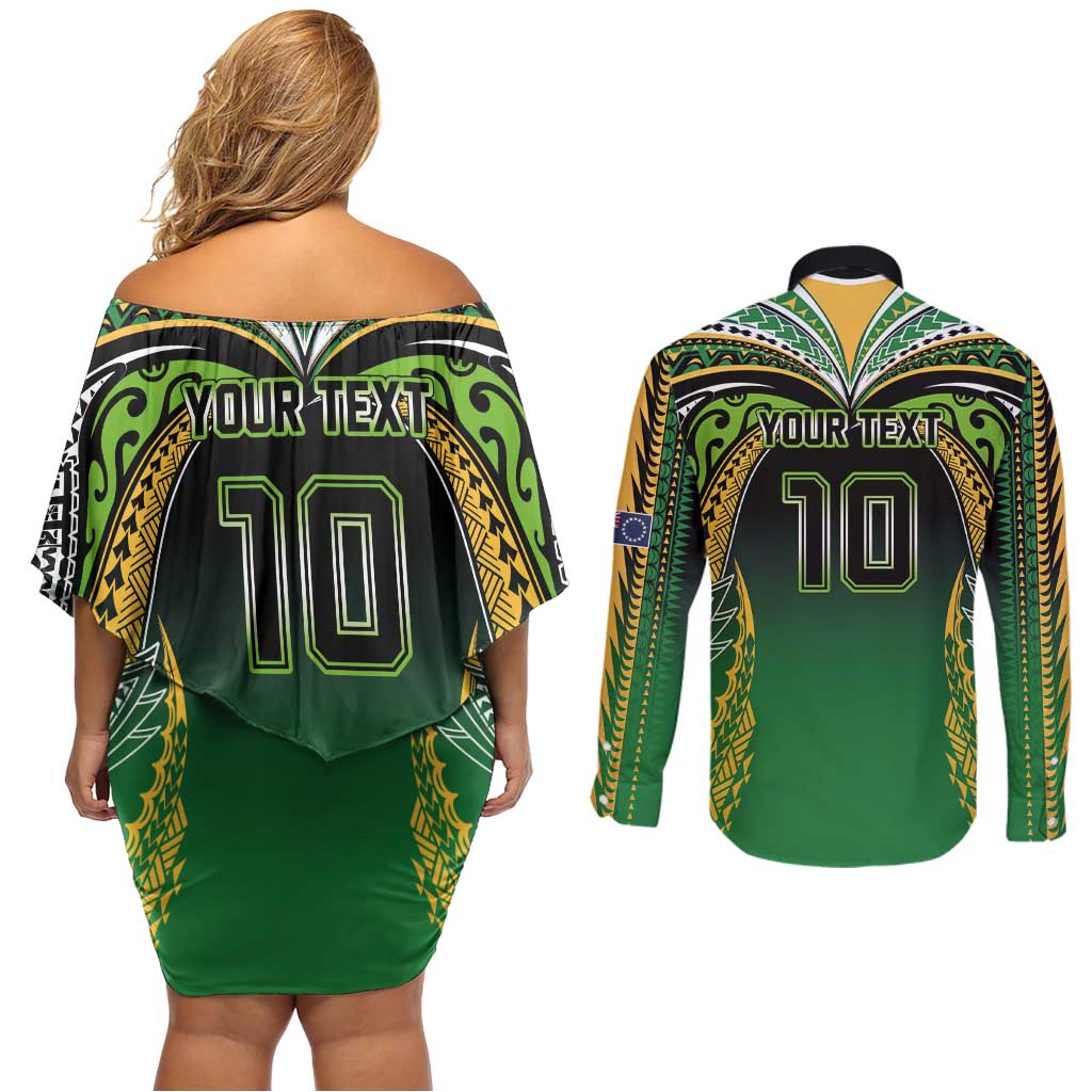 Custom Cook Islands Rugby League Couples Matching Off Shoulder Short Dress and Long Sleeve Button Shirt Avaiki Tatau Tribal Motifs Black Color - Polynesian Pride