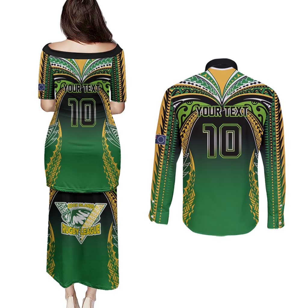 Custom Cook Islands Rugby League Couples Matching Puletasi and Long Sleeve Button Shirt Avaiki Tatau Tribal Motifs Black Color - Polynesian Pride